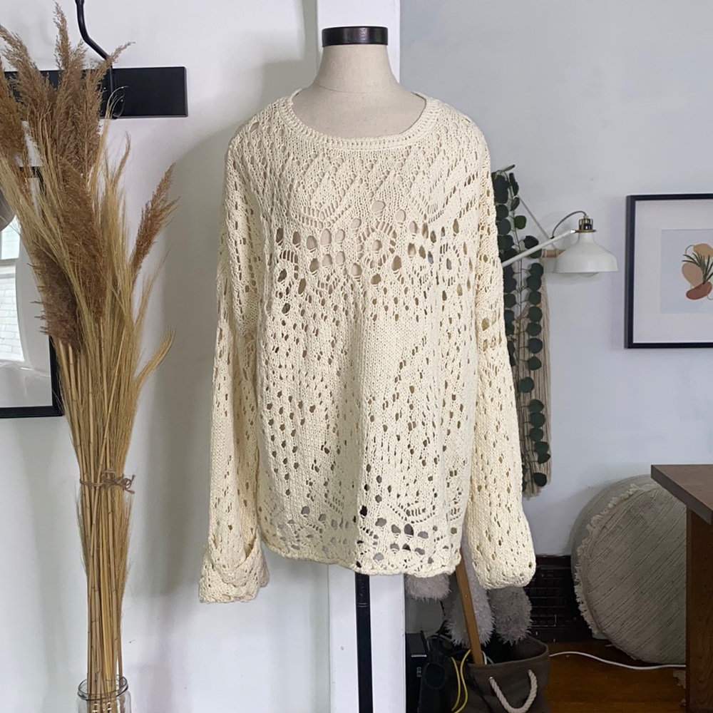 Free People Cream Open-Knit Crochet Sweater